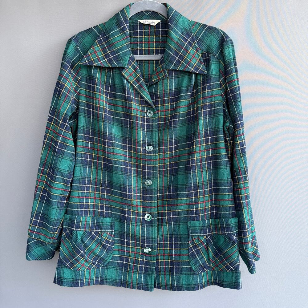 vintage by Barry Ashley wool shirt jacket  green tartan plaid - USA made -size L